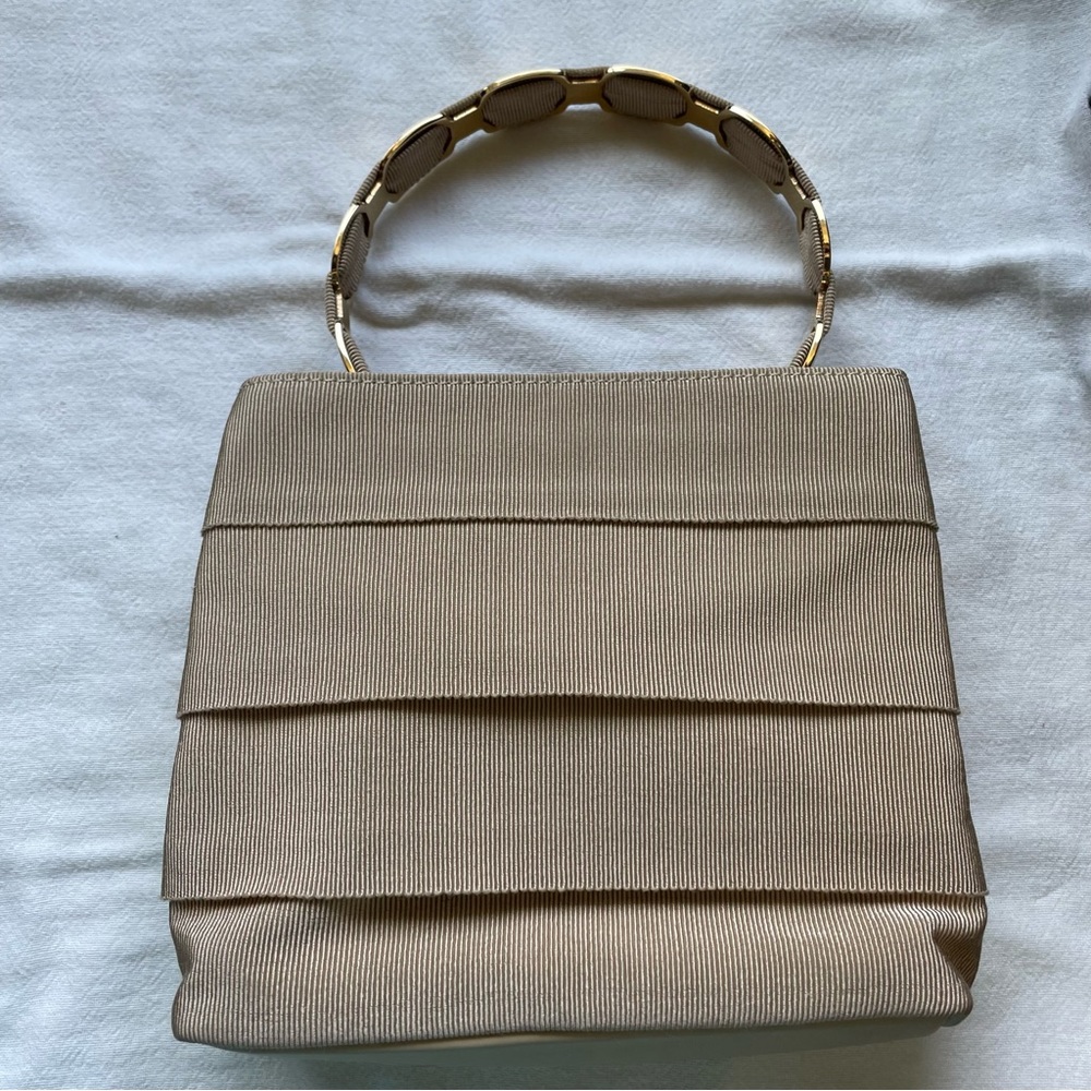Vintage Ferragamo top handle ruffled Vala bag, cream color
